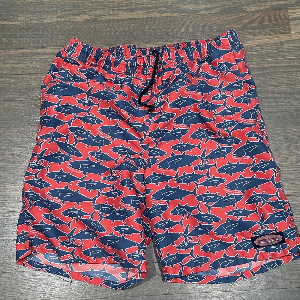 Vineyard Vines Red and Blue Shark Print Swim Shorts